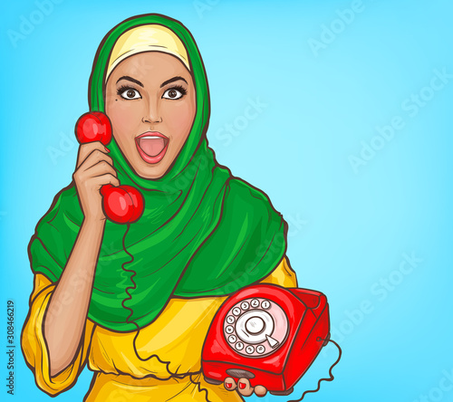 Arabic woman in hijab with vintage dial phone. Surprised muslim girl in traditional clothes talking on old red rotary disk telephone. Vector pop art illustration