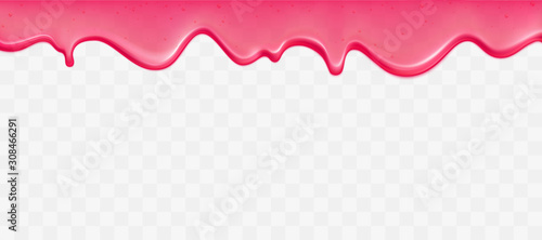 Dripping glossy pink slime with air bubbles isolated on transparent background. Border of flowing sticky sweet goo. Vector template of cream, jelly or caramel glaze for cake or donut.