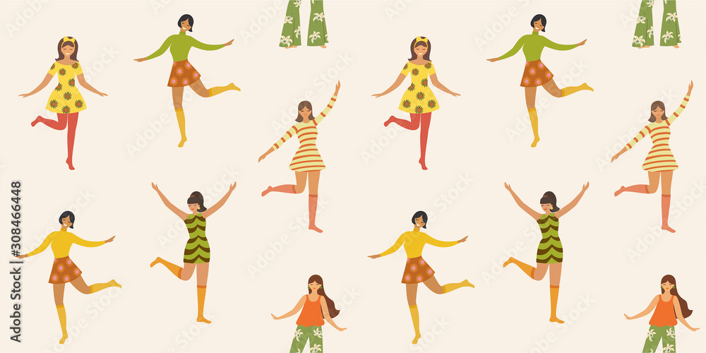 Pattern with cute dancing girls in retro style. Vector seamless texture.