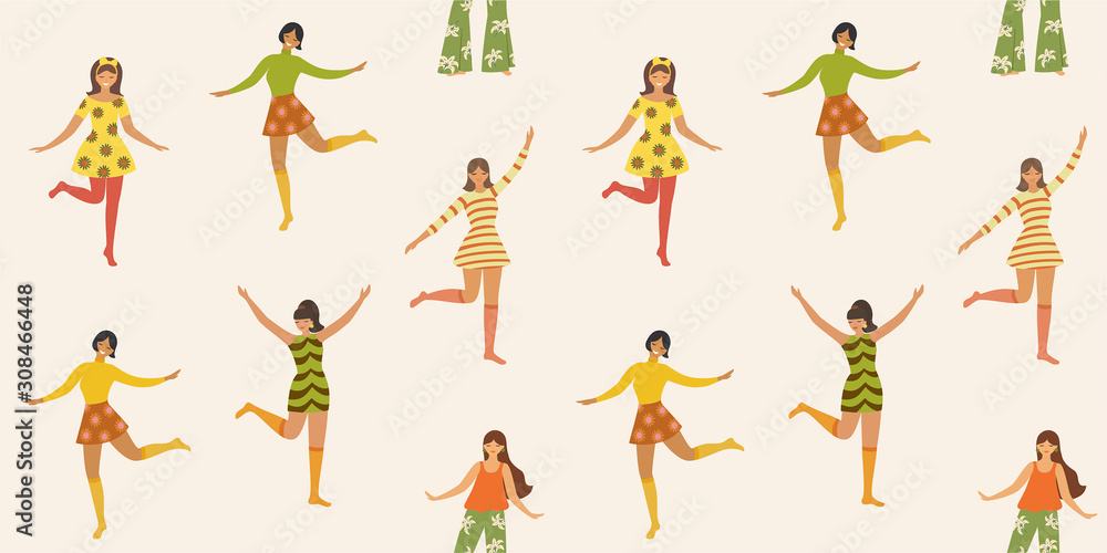 Fototapeta premium Pattern with cute dancing girls in retro style. Vector seamless texture.