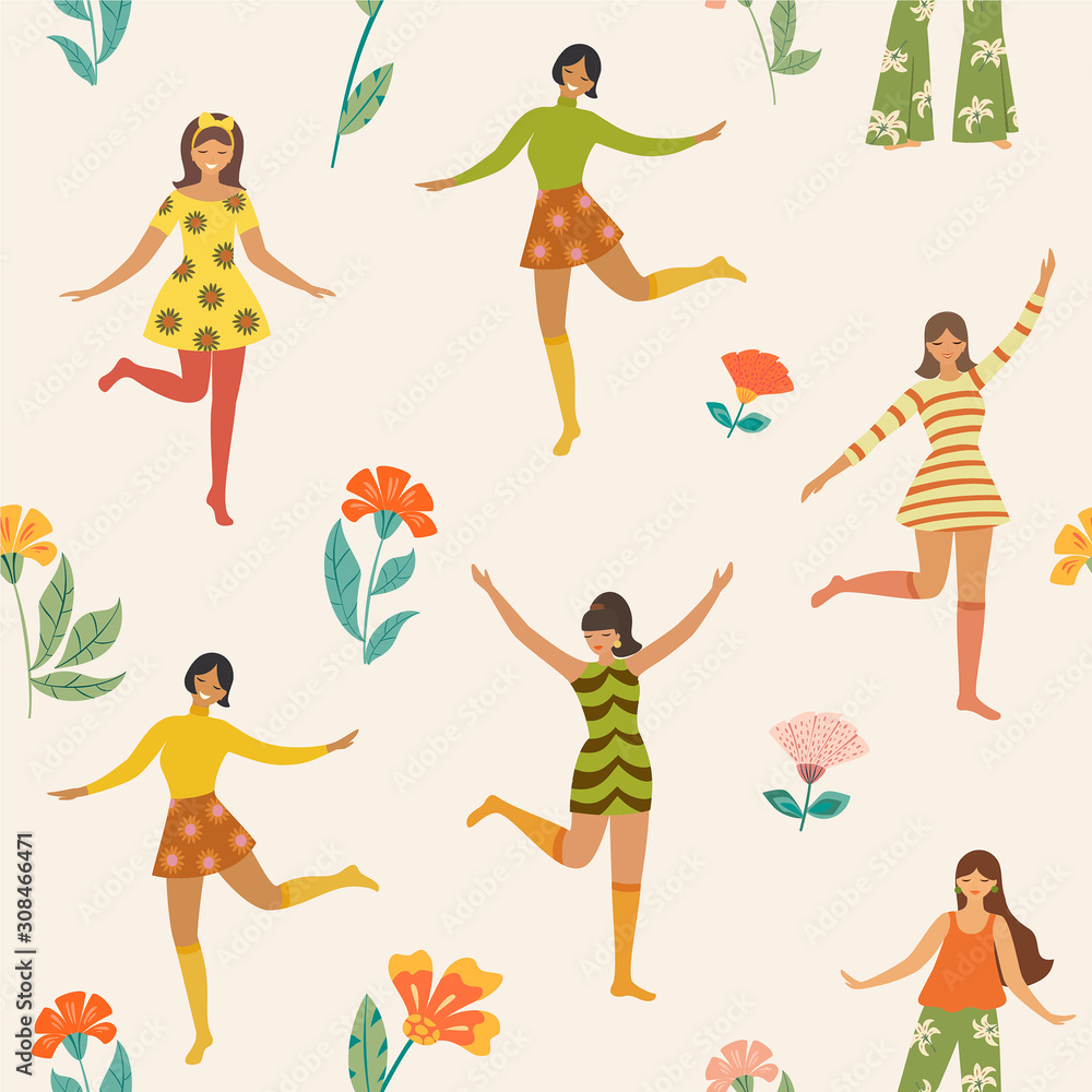 Pattern with cute dancing girls and flowers in retro style. Vector seamless texture.