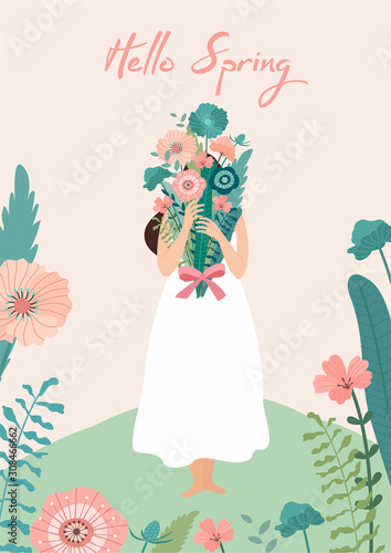 Spring vector illustration with girl and bouquet of flowers. Beautiful template. Can be used for banner, poster, card, postcard and printable.