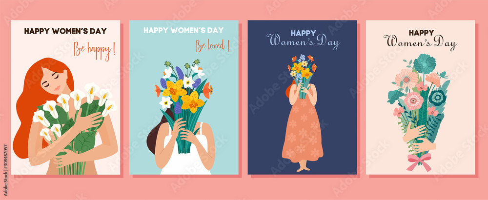Fototapeta premium Collection of spring cards. International Women's Day. Vector illustration with cute women and bouquet of flowers. Beautiful template. Can be used for banner, poster, card, postcard and printable.