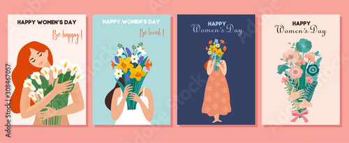 Collection of spring cards. International Women's Day. Vector illustration with cute women and bouquet of flowers. Beautiful template. Can be used for banner, poster, card, postcard and printable.