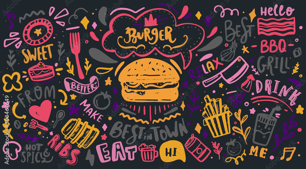 Colorful Restaurant Wall typography. Vector Food BBQ background, motivational cafe menu with lettering on chalkboard