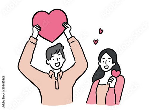 Man and woman holding heart, cute couple concept, hand-drawn style vector illustration.