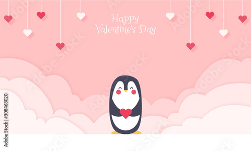 Happy Valentine's Day - Geschenkkarte, Süßer Pinguin hält Herz. Hintergrund in Papierschnitt, Wolken und Herzen hängen von der Decke Banner	