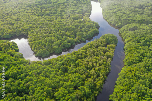 Aerial view the boat cross the river of green landscape  tropical mangroves and the river across in Sabah Borneo, Malaysia. Sustainable and biodiversity mangrove forest reserve.