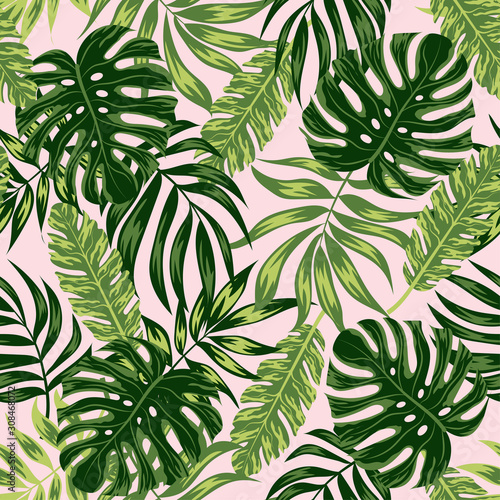 Tropical seamless pattern with green plants and leaves on a delicate pink background. Illustration in Hawaiian style. Jungle leaves. Botanical pattern. Vector background for various surface. 