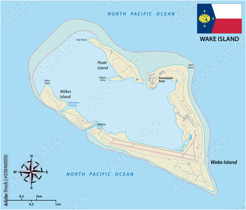 Map of the Wake island Atoll an unorganized territory of the United States with flag