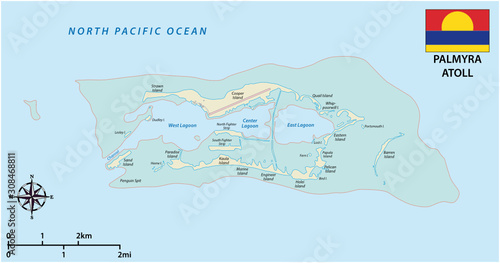 Map of the Palmyra Atoll an unorganized territory of the United States with flag