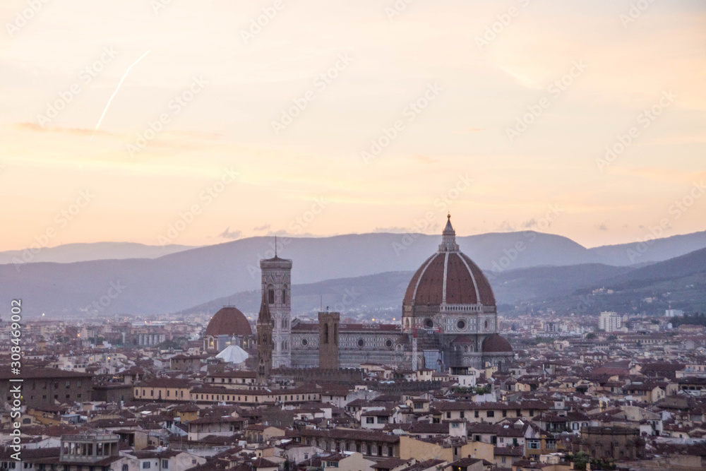 View over Florence Cathedral at sunset. Piazzale Michelangelo, Florence, Italy.