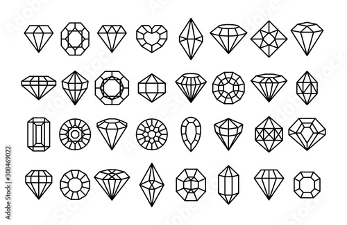 Big set of Gemstone icons in a linear minimal style. Vector diamonds and gems linear logo design elements.