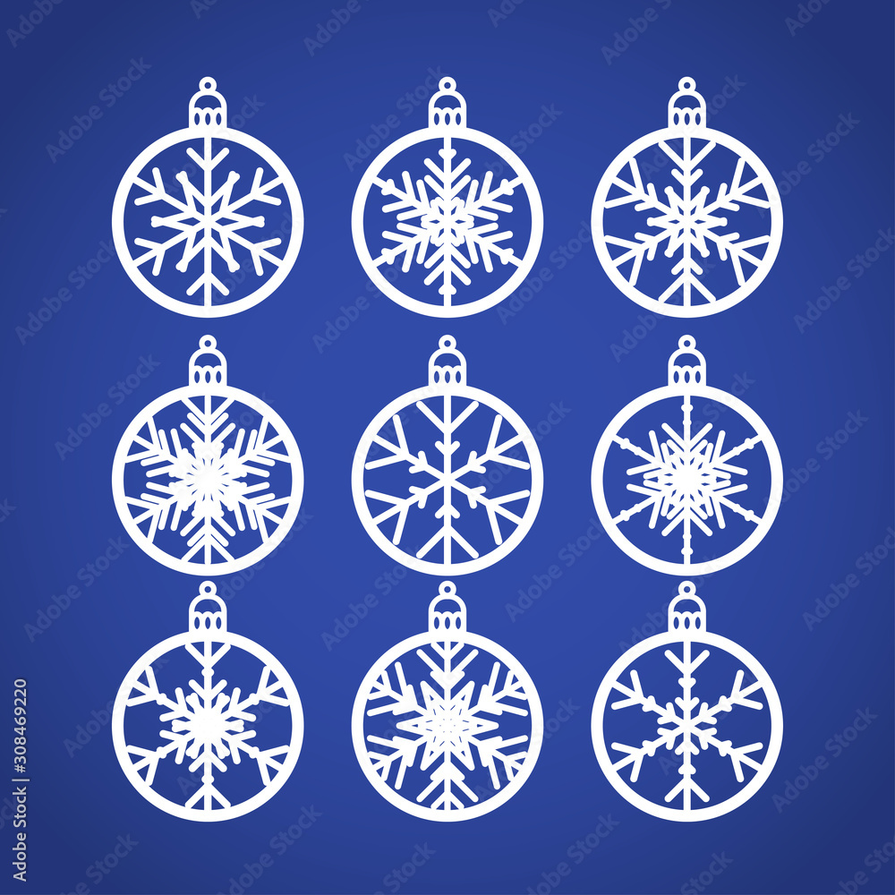Christmas balls set with a snowflake cut out of paper. Templates for laser or plotter cutting or printing. Laser cutting template. Vector illustration for wood carving, paper cut or printing. Christmas balls set with a snowflake cut out of paper. Templates for laser or plotter cutting or printing. Laser cutting template. Vector illustration for wood carving, paper cut or printing.