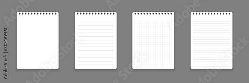 Realistic notebook or notepad with binder isolated. Memo note pad or diary with lined and squared paper page templates. Vector illustration