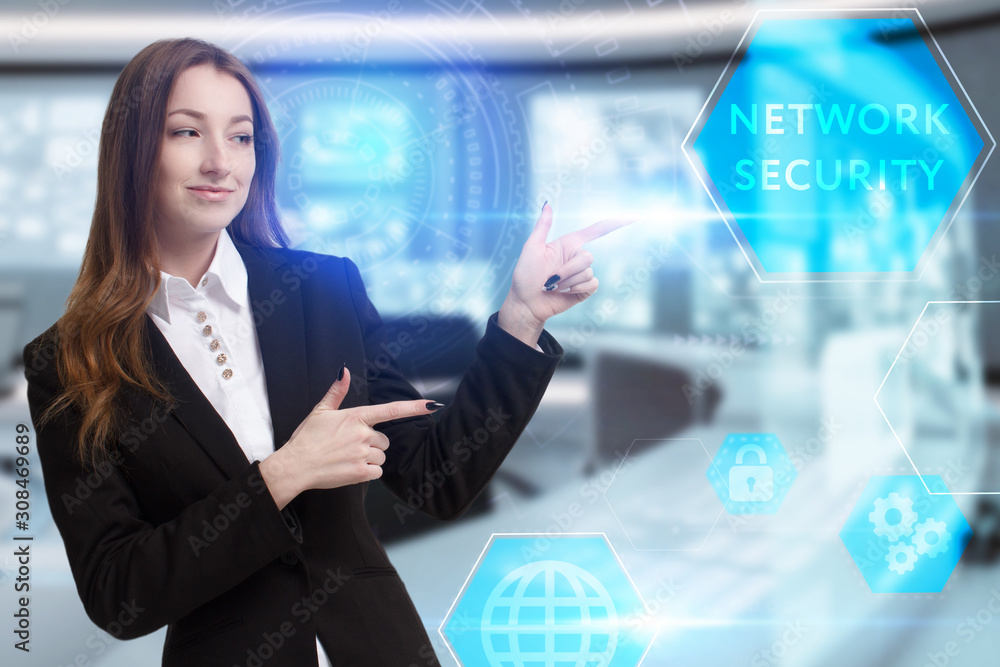 Business, Technology, Internet and network concept. Young businessman working on a virtual screen of the future and sees the inscription: Network security Business, Technology, Internet and network concept. Young businessman working on a virtual screen of the future and sees the inscription: Network security