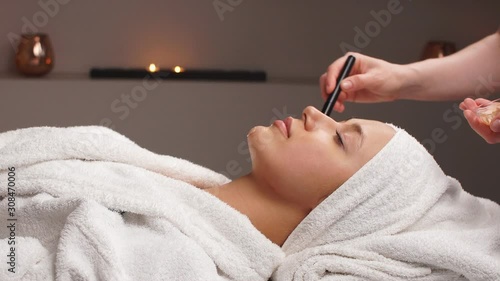 Professional beautician applying cosmetic mask on female face in beauty salon. Cosmetician is having cosmetic treatment in spa salon