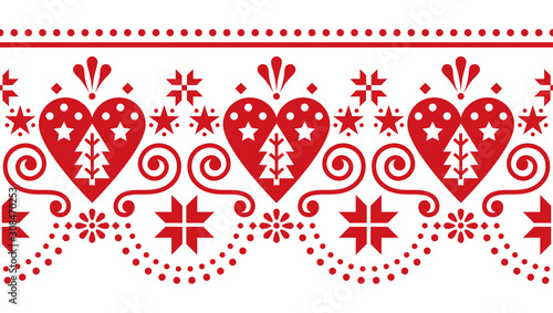 Scandinavian Christmas cute folk seamless vector pattern - long, horizontal repetitive design with Christmas trees, snowflakes in red on white background