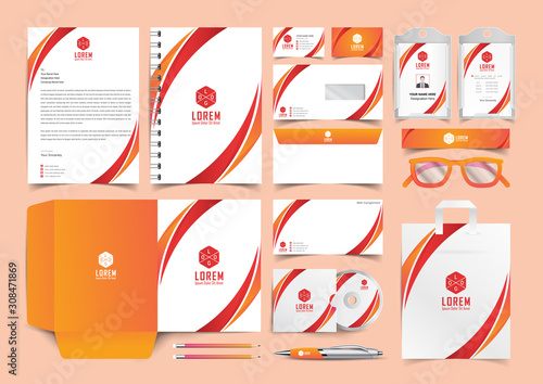corporate identity business template design set with orange red wavy shape