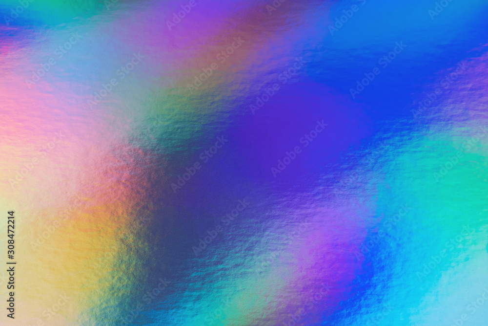 Abstract trendy rainbow holographic background in 80s style. Blurred texture in violet, pink and mint colors with scratches and irregularities. Pastel colors.