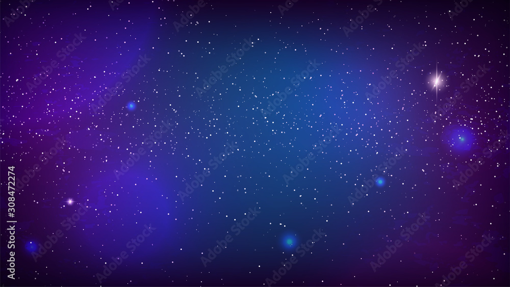 Starry sky background. Dark blue space with many glowing stars. Beautiful realistic backdrop. Astronomy, space, cosmos, science graphic art. Banner, poster, cover template. Stock vector illustration