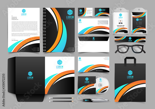 corporate identity business template design set with orange blue wavy shape