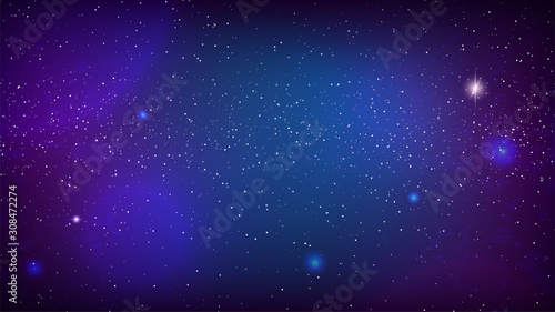 Starry sky background. Dark blue space with many glowing stars. Beautiful realistic backdrop. Astronomy, space, cosmos, science graphic art. Banner, poster, cover template. Stock vector illustration