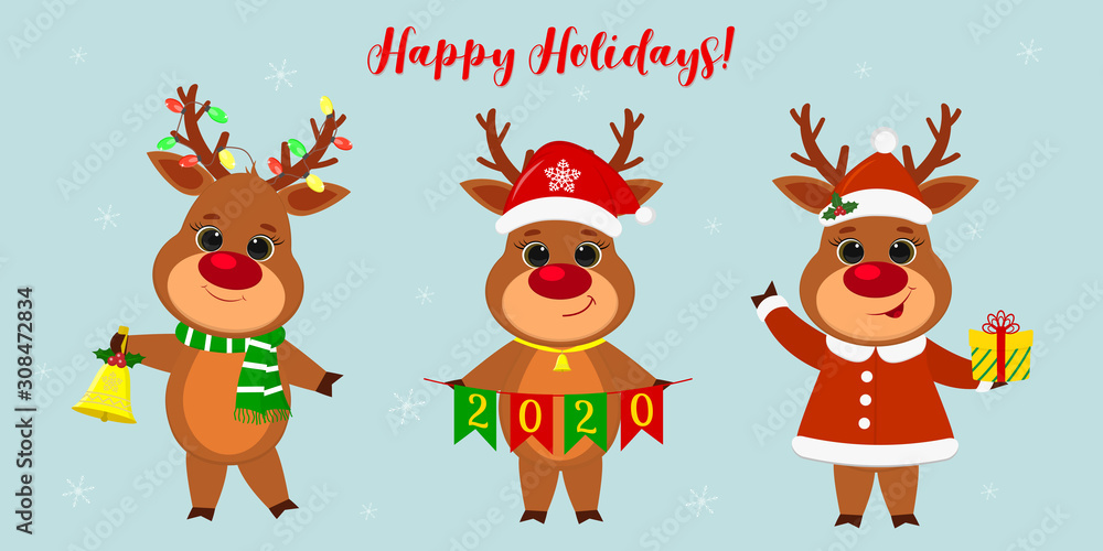 Merry Christmas and a happy new year 2020. Three cute reindeer in different New Year s costumes and with different holiday items. Cartoon, flat style, vector Merry Christmas and a happy new year 2020. Three cute reindeer in different New Year s costumes and with different holiday items. Cartoon, flat style, vector