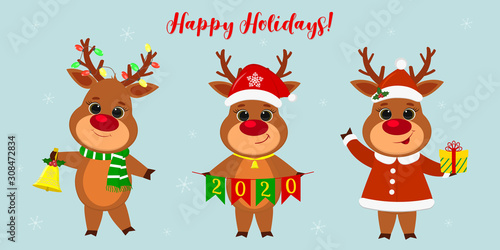 Fototapeta Naklejka Na Ścianę i Meble -  Merry Christmas and a happy new year 2020. Three cute reindeer in different New Year s costumes and with different holiday items. Cartoon, flat style, vector