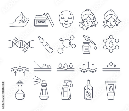Black and white skin care and beauty cosmetics icons set. Outline signs for cosmetic product package. Flat line art vector illustration