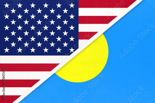 USA vs Republic of Palau national flag from textile. Relationship between american and Oceania countries.