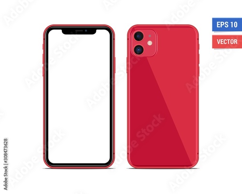 Realistic vector flat mock-up red Apple iPhone 11 with blank screen isolated on white background. Scale image any resolution
