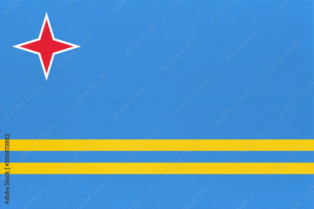 Fototapeta premium Aruba national fabric flag textile background. State official caribbean sign.