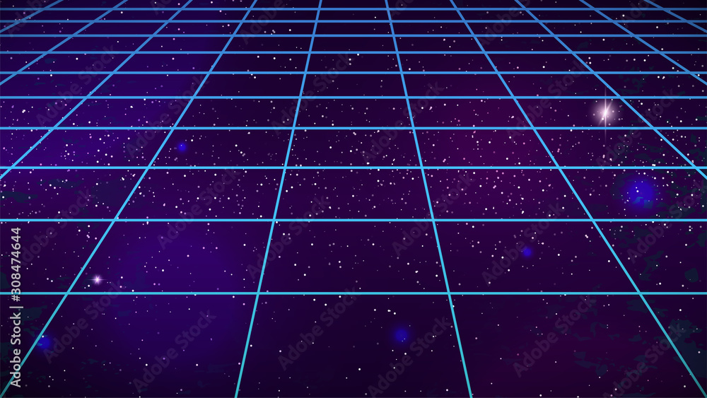 Synthwave 80s grid background. Retro futuristic wireframe landscape on