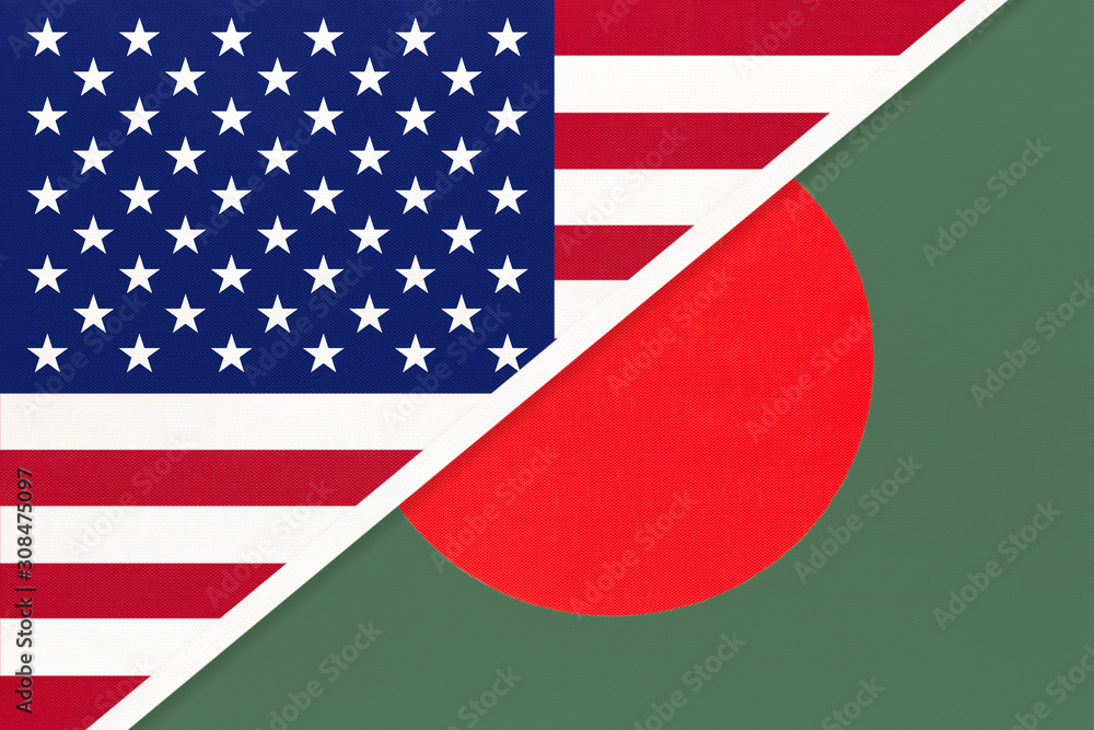 Obraz premium USA vs Bangladesh national flag from textile. Relationship between two american and asian countries.