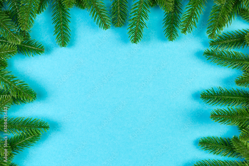 Top view of colorful background made of green fir tree branches. New year holiday concept with copy space Top view of colorful background made of green fir tree branches. New year holiday concept with copy space