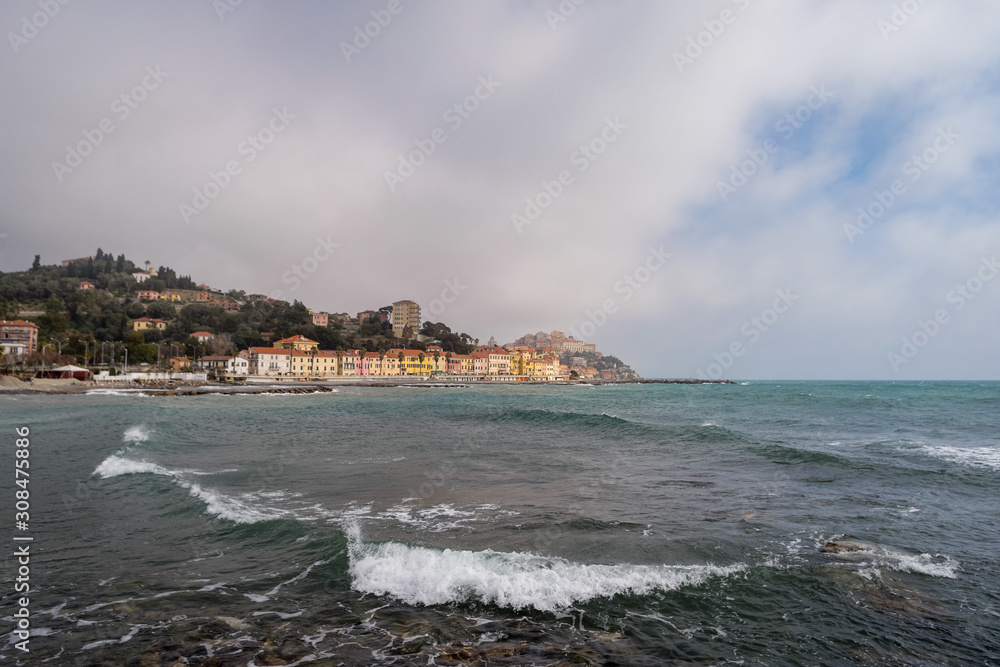 Italian Riviera. Imperia old town, view from the sea on a rainy day