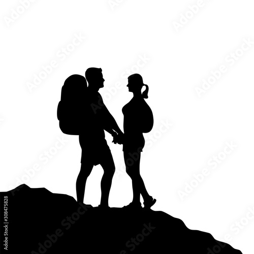 Couple of hikers with a backpacks holding hands on a mountain top. Travel and adventure concept. Vector illustration.