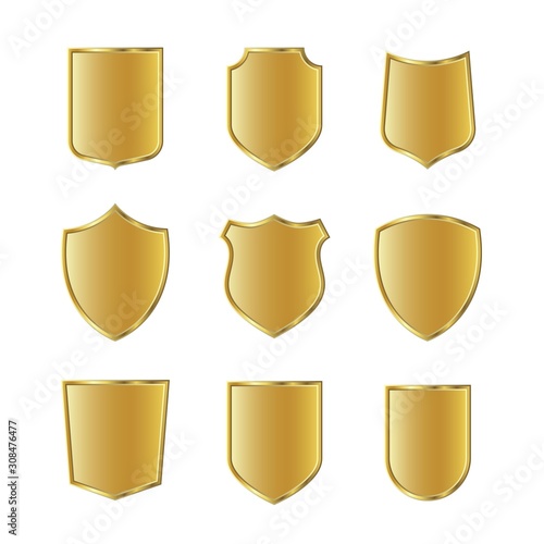 Golden shield collection. Set of gold protection signs. Knight award, medieval royal vintage badges 