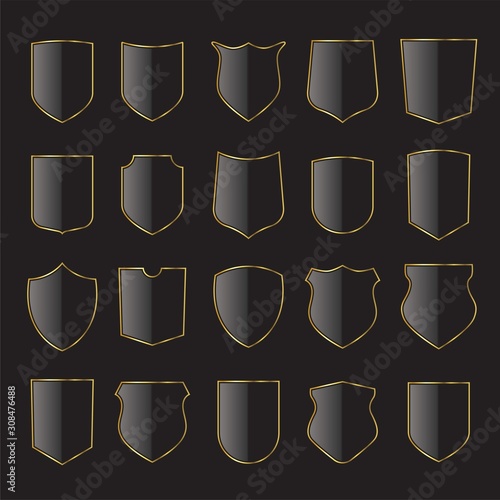 Gold and black shield icon collection. Heraldic shields, medieval royal vintage badges