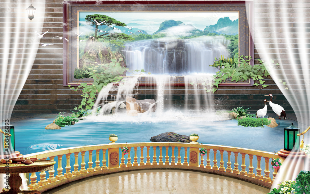 3d mural Beautiful view of landscape from the old arches, tree, sun, water , birds flowers and transparent curtains with flashlights