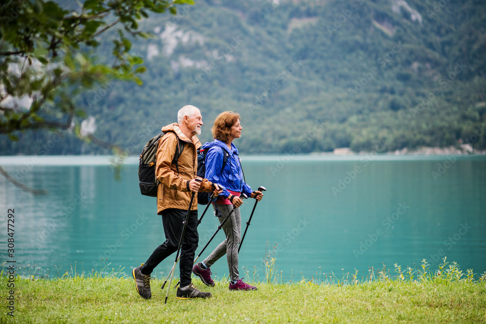 A side view of senior pensioner couple hiking by lake in nature. A side view of senior pensioner couple hiking by lake in nature.