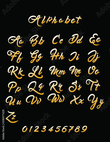 set of numbers. Vector , golden , calligraphically, latin alphabet on black background