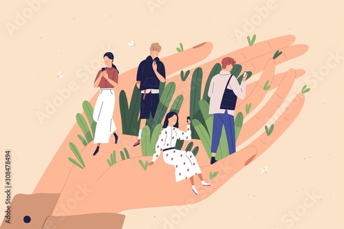Client care, convenient service flat vector illustration. Application user advantages, customer privileges, buyer liberties concept. People with smartphones on human hand cartoon characters.