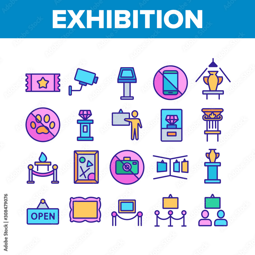 Obraz premium Exhibition And Museum Collection Icons Set Vector Thin Line. Ticket And Picture On Exhibition, Security Video Camera And Diamond On Pedestal Concept Linear Pictograms. Color Contour Illustrations