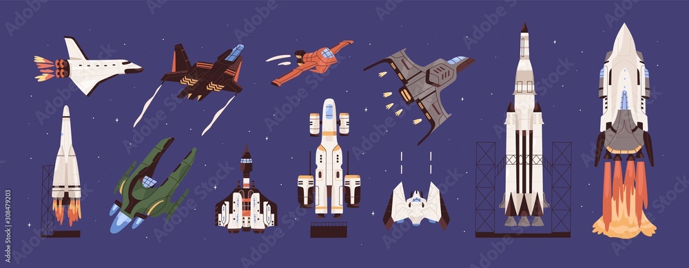 Rockets and spaceships vector set. Spacecraft, planetary exploration and travelling. Cosmic transport. Vehicles , machines designed to fly in outer space collection. Earth observation equipment.