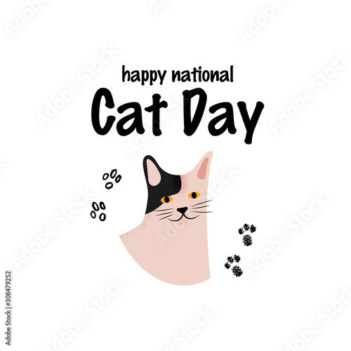 Greeting card with text Happy National Cat Day. Portrait of metis breed. Cute character with lettering.