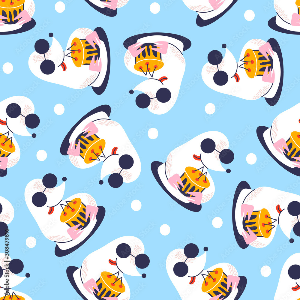 Seamless pattern with icons of cute mole. Background and cute characters hand drawn style for new year print. Funny animal and sweet cake.