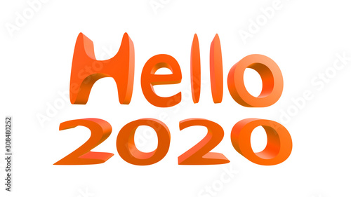 happy new year 2020, 3D ILLUSTRATION of 2020 hello ORANGE color in isolated WHITE background. 4k resolution