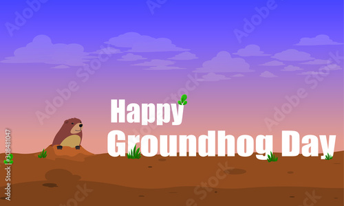 Happy Groundhog Day. Cute groundhog popping up from his burrow, lettering greeting. Vector illustration.